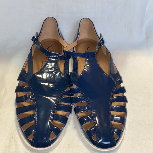 NINA ORIGINALS Edge Denim Patent Huarache Sandal-9.5 - Picture 3 of 8